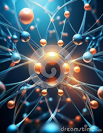 A complex network of interconnected spheres and lines, representing a neural network or a molecule. Generative AI Stock Photo