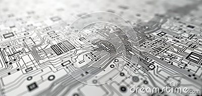 Complex network of intricate circuit lines, components. Abstract tech design. Detailed electrical wiring diagram. High tech. Cartoon Illustration