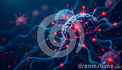 Complex neural network with a central brain-like structure, surrounded by branching, intertwining dendrites Stock Photo