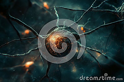 Complex neural network: conceptualizing brain synapse interactions and electrical impulses Stock Photo