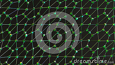 Complex neural network grid with glowing green nodes, visualizing advanced physics, chemistry, and computational connections in a Cartoon Illustration