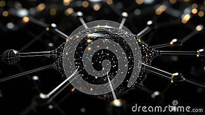 A complex neural network structure with interconnected nodes and glowing connections, representing artificial intelligence. Stock Photo