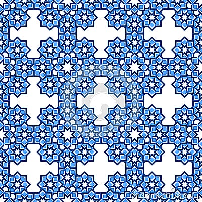 Complex seamless abstract pattern of curly stars in blue shades, white background Vector Illustration