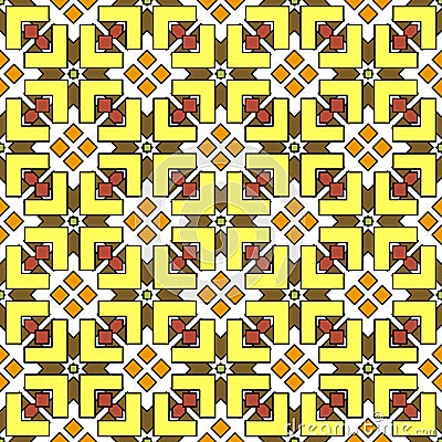 Complex seamless geometric pattern, multi-layered intersection of figured elements of rhombuses and chevrons, yellow, brown and Vector Illustration