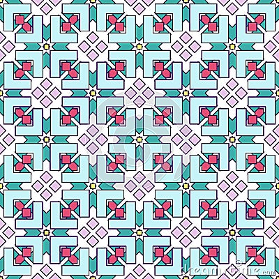 Complex seamless multi-layered pattern, intersecting colored curly elements of chevrons and rhombuses. Geometric pattern on a Vector Illustration