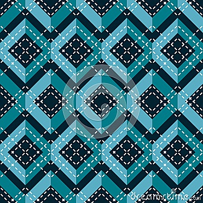 Complex seamless pattern of blue zigzag with cross white stitching Vector Illustration