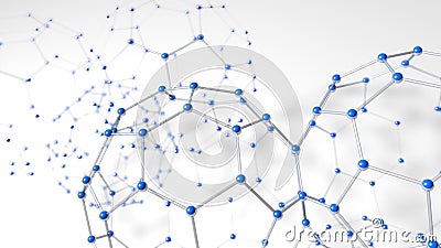 Complex structure formed by tubes and blue spheres as molecules forming hexagons with depth of field on white background. Cartoon Illustration