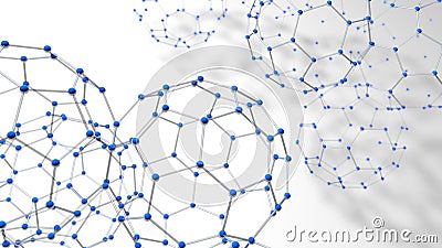 Complex structure formed by tubes and blue spheres as molecules forming hexagons with depth of field on white background. Cartoon Illustration