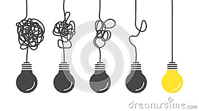From complex to simple. Simplification streamlining process, complex confusion, clarity idea solution with light bulbs Vector Illustration
