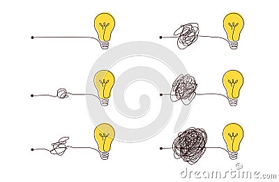 Complex to simple way to create idea - messy clew symbols with light bulb. Vector Illustration