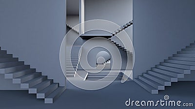 Complexity concept, Modern hall with stairs 3d render Cartoon Illustration