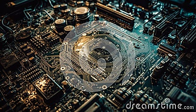 Complexity of semiconductor industry shown in close up computer chip circuit generated by AI Stock Photo