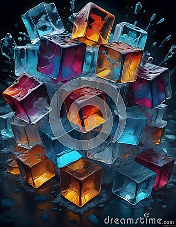 Complexly structured ice cubes stacked, illuminated in bright colors, Generative AI Stock Photo