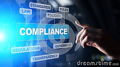 Compliance concept with icons and text. Regulations, law, standards, requirements, audit diagram on virtual screen. Stock Photo