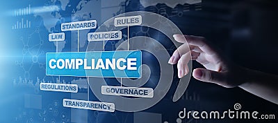 Compliance concept with icons and text. Regulations, law, standards, requirements, audit diagram on virtual screen. Stock Photo
