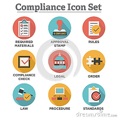 In compliance - icon set showing a company passed inspection Vector Illustration