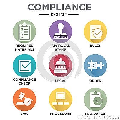 In compliance - icon set that shows a company passed inspection Vector Illustration
