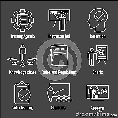 Compliance Instruction - Testing Icons with Instructor teaching Worker Students Vector Illustration