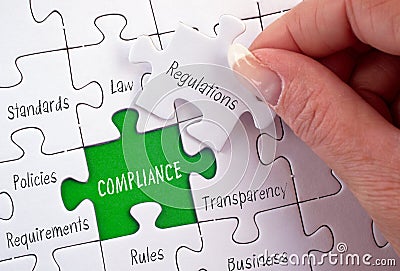 Compliance puzzle with female hand and text Stock Photo