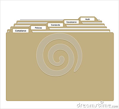 Compliance regulation Policies in File Folders with Standards and other text brown Stock Photo