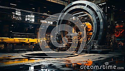 Complicated equipment at the machine building factory. Industrial premise with no people inside. Generative AI Stock Photo