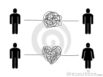 Complicated relationship. Love couple problem, tangled messy scribble connection line, unhappy people hard communication Vector Illustration