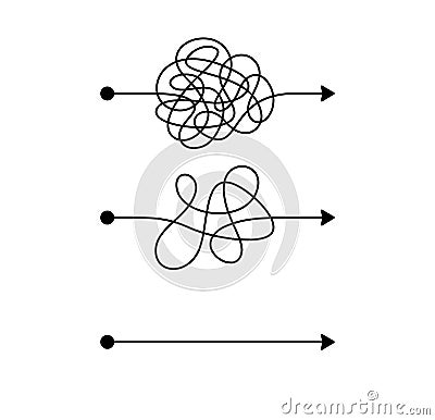 Complicated way, difficult mind arrow. Hard and easy way by tangled straight lines. Vector Stock Photo