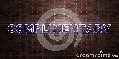 COMPLIMENTARY - fluorescent Neon tube Sign on brickwork - Front view - 3D rendered royalty free stock picture Stock Photo