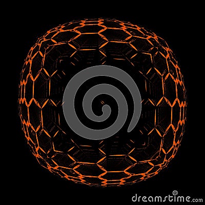 components combined to form one sphere in bright orange hexagonal shaped construction sections on a black background Stock Photo
