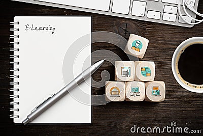 Components of digital learning as icons on cubes and the word `e-learning ` Stock Photo