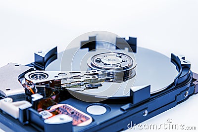 Components for PC. Open hard disk storage. Recovery and storage of information. Magnetic disks inside HDD Stock Photo