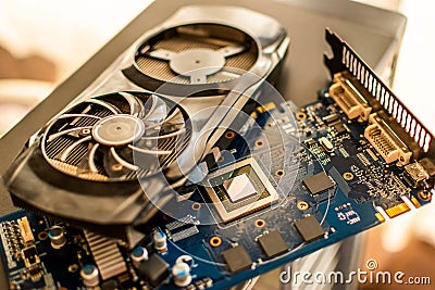 Components of a personal desktop computer a disassembled board video card with a cooler lies on the case of a personal computer Stock Photo