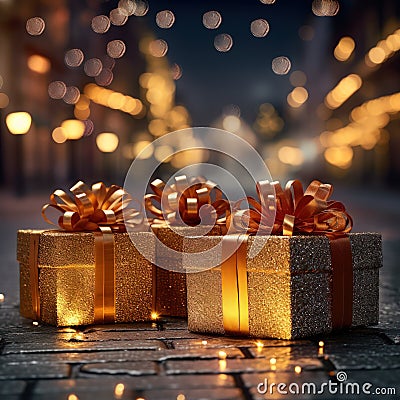 Compose a captivating image of a delectable gift boxs set against a festive Christmas bokeh background Stock Photo