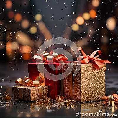 Compose a captivating image of a delectable gift boxs set against a festive Christmas bokeh background Stock Photo