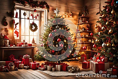 Compose a festive image featuring a beautifully decorated Christmas tree surrounded by an array of Christmas decorations. Capture Stock Photo