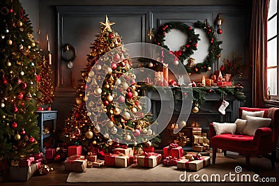 Compose a festive image featuring a beautifully decorated Christmas tree surrounded by an array of Christmas decorations. Capture Stock Photo