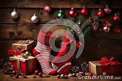 Compose a festive scene featuring a Christmas sock overflowing with gifts, artfully displayed against a rustic wooden wall. Stock Photo