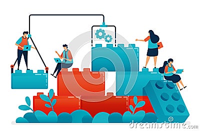 Compose lego games to teamwork and collaboration in work and business problem solving. Construction model for children leadership Vector Illustration