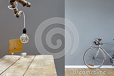 Composed vintage atelier table branch and silver road bike Stock Photo