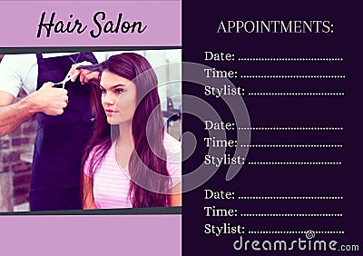 Composite of caucasian barber cutting woman hair and hair salon, appointments, date, time, stylist Stock Photo