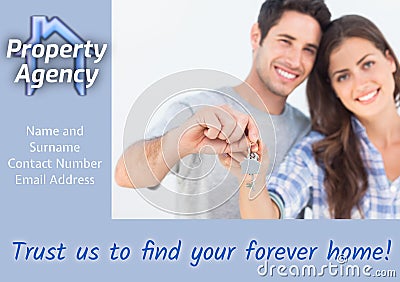 Composite of caucasian couple with house key and property agency, name and surname, contact, email Stock Photo