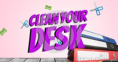 Composite of clean your desk text over falling sharpeners and scissors and files on table Stock Photo