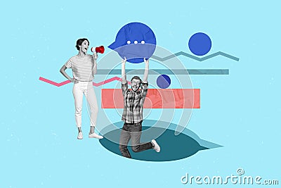 Composite collage design picture of two people young woman hold megaphone speech her partner man info message isolated Stock Photo