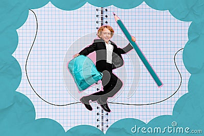 Composite collage of excited funny small boy jump hold bag rucksack big pencil isolated on painted checkered copybook Stock Photo