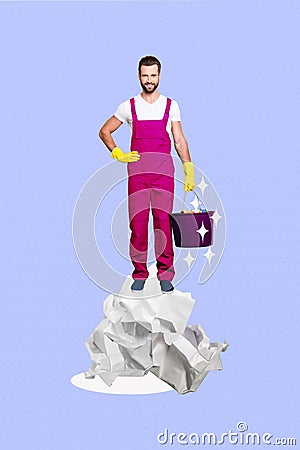 Composite collage of expert happy smiling young housekeeper wear latex gloves pink uniform hold bucket trash isolated on Stock Photo