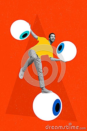 Composite collage of funny guy metaphor artwork positive person huge eyeball society watching private data isolated on Stock Photo