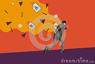 Composite collage image of black white effect person running fast uploading files isolated on drawing red background Stock Photo