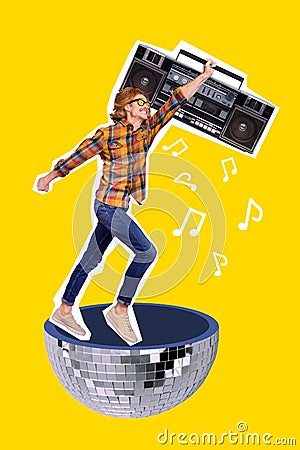 Composite collage image of energetic funny man dj running hurry carry retro vintage boombox have fun disco ball party Stock Photo