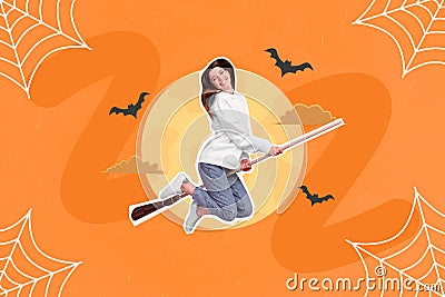 Composite collage image of funny funky happy young woman riding flying wooden broomstick witch sabbath spider web bats Stock Photo