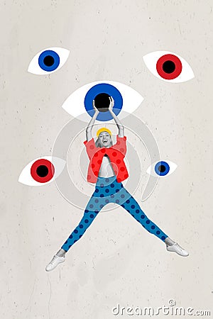 Composite collage image of funny funky jumping woman carefree cheerful watching eyes spying incognito hacker controlling Stock Photo